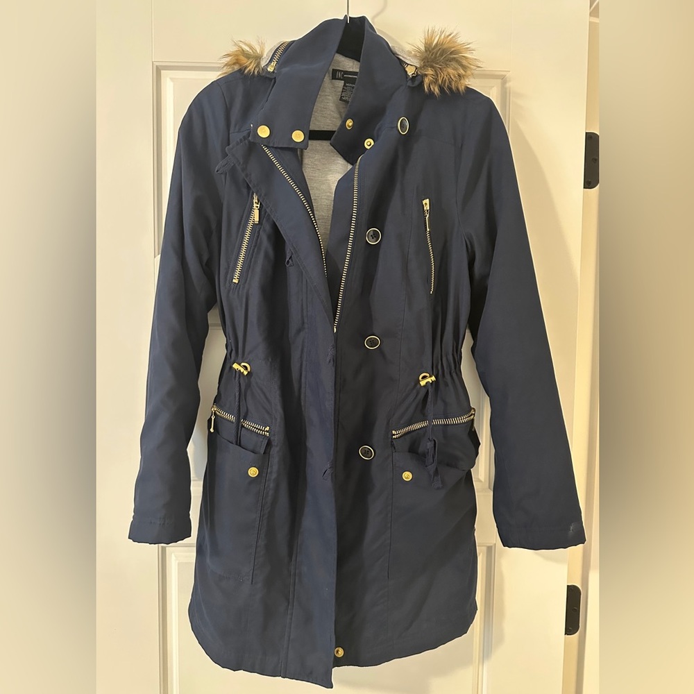 INC International Concepts Womens Navy Utility Jacket with Faux Fur Hood, size M